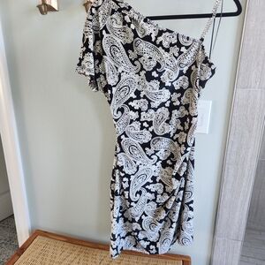 Michael Kors Black and White One-Shoulder Paisley Dress